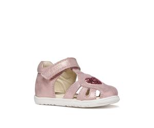 Lauflernschuh GEOX "B SANDAL MACCHIA GIR", Baby, Gr. 22, rosa (rosa, rot), Leder, Textil, Glitzer, Basic, Schuhe Lauflernschuh, Babyschuh mit Klettverschluss, Größenschablone zum Download (30200726-22
