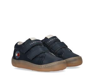 Lauflernschuh TOMMY HILFIGER, Baby, Gr. 24, blau, Synthetik, Schuhe Lauflernschuh, Barfußschuh, Halbschuh, Klettschuh mit Logoschriftzug (60068413-24) blau
