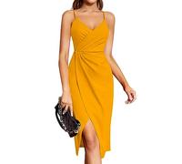 Laughido Wickelkleid Cocktailkleid Spaghettiträger Elegant Sommerkleid Damen Partykleid Abendkleid Midikleid Festliche Bodycon Hochzeit Ärmellos Kleider (Gelb, S)