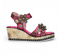Laura Vita Damen Ballon 08 Espadrilles-Sandalen aus fuchsiafarbenem Leder mit Blumenmuster und Keilabsatz US 39