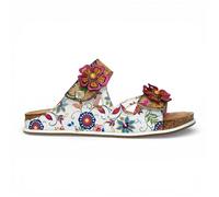 Laura Vita Damen Brcyano 32 Beige-weiße Leder-Slipper mit Riemchen und Blumenmuster, bequeme Sandalen