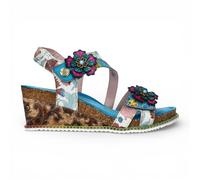 Laura Vita Damen-Espadrilles „Bonito 32“ aus türkisblauem Leder mit Blumenmuster und Keilabsatz US 39