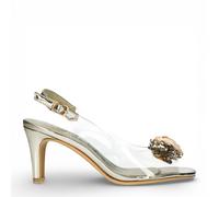 Laura Vita Damen-Sandalen Mira 05, durchsichtig-golden, zum Hineinschlüpfen, Cinderella-Stil, spitz zulaufender Absatz, Knöchelriemen EU 38