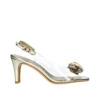 Laura Vita Damen-Sandalen Mira 05, durchsichtig-golden, zum Hineinschlüpfen, Cinderella-Stil, spitz zulaufender Absatz, Knöchelriemen