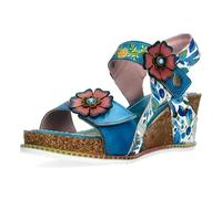 Laura Vita Damen Sandalette Boho mit Blumenmuster und Keilabsatz Bonito 38, Größe:38 EU, Farbe:Türkis