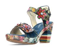 Laura Vita Damen Sandalette Leder Blüte Blockabsatz Klettverschluss Nellao 05, Größe:37 EU, Farbe:Blau