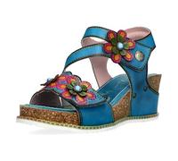 Laura Vita Damen Sandalette Leder Blumen und Keilabsatz in Korkoptik Bonito 39, Größe:37 EU, Farbe:Türkis