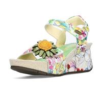 Laura Vita Damen Sandalette Leder mit Blumenmuster und Keilabsatz Barry 36, Größe:38 EU, Farbe:Grün