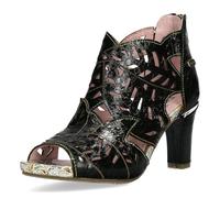 Laura Vita Damen Sandalette Leder Schaft Muster floral Peeptoe Cutout Albane 048, Größe:40 EU, Farbe:Schwarz