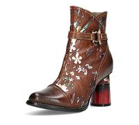 Laura Vita Damen Stiefelette floral Blumen Muster Nieten Blockabsatz Gucstoo 23, Größe:38 EU, Farbe:Braun