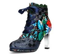 Laura Vita Damen Stiefelette Leder floral Blumenmuster Plateau Stiletto Hicao 47, Größe:37 EU, Farbe:Blau