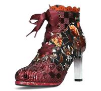 Laura Vita Damen Stiefelette Leder floral Blumenmuster Plateau Stiletto Hicao 47, Größe:39 EU, Farbe:Rot