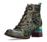 Laura Vita Damen Stiefelette Leder mit Blumenmuster und Cap Toe Rejineo 78, Größe:39 EU, Farbe:Grün