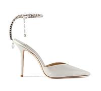 LauraVicci Damen-Sandalen mit Absatz, Kristallkette, Knöchelriemen, Strass, Schnalle, High Heels, Stiletto, Slipper, Hochzeit, Party, Satin, Kleid, Weiss/opulenter Garten, 38.5 EU