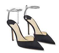 LauraVicci Damen-Sandalen mit Absatz, Kristallkette, Knöchelriemen, Strass, Schnalle, High Heels, Stiletto, Slipper, Hochzeit, Party, Satin, Kleid, black satin, 9 US