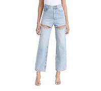 LaurelTree Damen Baggy High Waist Jeans mit Strass Nieten Cut-Outs Zerrissen Bedazzled Denim Mode Y2K Weites Bein Hose, Blau, S