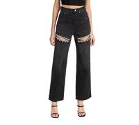 LaurelTree Damen Baggy High Waist Jeans mit Strass Nieten Cut-Outs Zerrissen Bedazzled Denim Mode Y2K Weites Bein Hose, Schwarze Strasssteine, Groß