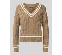 Lauren Ralph Lauren Strickpullover mit Zopfmuster und V-Ausschnitt Modell 'TEDURPH' in Ecru Melange, Größe L