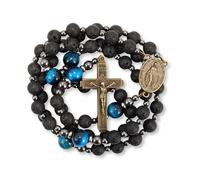 Lavastein schwarze Rosenkranz-Perlen für Männer, katholische Rosenkranz-Halskette mit Heiligen-Medaille und Kreuz, blaue Tigeraugen-Perlen, starker Rosenkranz-Kreuz-Halskette in tragbarer Geschenkbox
