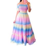 LAZIRO Damen FrüHling Und Sommer Lange Elegante GerüSchte KurzäRmelige TräGerlose Bedruckte Kleider