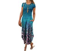 LAZIRO Damen Sommer Rundhalsausschnitt Einsatz Tasche Kurzarm Trendy Mode Print Kleid