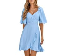 LAZIRO Damen Sommer V-Ausschnitt Ausgestellte äRmel Kurze äRmel Einfarbig Taille RüSche Sommer Minikleider