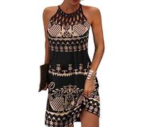 LAZIRO Women's FrüHling Und Sommer Rundhalsausschnitt Vintage Hollow Neck Slim Sleeveless Hanging Neck Print Dress