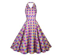 Lazzboy Abendkleider Damen Elegant 50er Jahre Rockabilly Kleider Rosa Pink Plaid Gitter Kleid Vinatge Partykleid Mädchen Rollenspiel Halloween Party Kostüm Film Verkleidung Anzug (Lila,XXL)