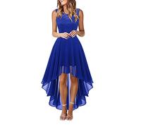Lazzboy Abendkleider Elegant Für Hochzeit Frauen Spitzenkleid Bogen Gürtel Elegantes Kleid Mit Unregelmäßiger Länge ärmelloses Chiffonkleid Brautjungfern Cocktailpartykleid (Blau,L)