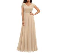 Lazzboy Abendkleider Elegant Für Hochzeit Lang Damen Spitze Brautjungfer Chiffon Formale Prom Kleid Abendkleid V-Rücken Gast Kleider Spitzen Ärmellos Brautjungfernkleider Bodenlang (Beige,M)
