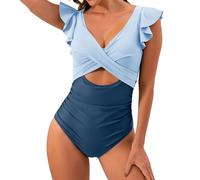 Lazzboy Badeanzug Damen Bauchweg Kontrastierende Farben Rüschen V Ausschnitt Monokinis Einteilige Bademode Swimsuit Monokini Schlankheits Plus Size Badebekleidung Für Mollige (Blau,M)