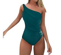 Lazzboy Badeanzug Damen Bauchweg Push Up Schräge Schultern Einteiliger Mit Aussparungen Schlankmachend Bademode Sport Sportbadeanzüge Breite Schultergurte Swimsuit Monokini (Grün,S)