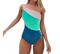 Lazzboy Badeanzug Damen Bauchweg Push Up Schräge Schultern Einteiliger Mit Aussparungen Schlankmachend Bademode Sport Sportbadeanzüge Breite Schultergurte Swimsuit Monokini (Blau,L)