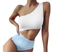 Lazzboy Badeanzug Damen Eine Schulter Cutout Asymmetrischer Einteiliger Bikini Kontrastfarbe Patchwork Rückenfrei Strandbikinis Elegant Verstellbarer Monokini Badeanzüge (Blau,M)