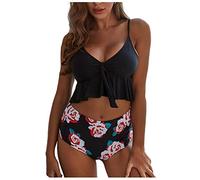 Lazzboy Badeanzug Frauen Patchwork Bikini Push-up Pad Bademode Beachwear Set Tankini Sets Damen Rüschen Zweiteilige Mit Retro Hoher Taille Strandkleidung(Schwarz,S)
