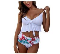 Lazzboy Badeanzug Frauen Patchwork Bikini Push-up Pad Bademode Beachwear Set Tankini Sets Damen Rüschen Zweiteilige Mit Retro Hoher Taille Strandkleidung(Weiß,XL)