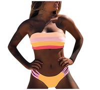Lazzboy Bademode Damen Badebekleidung Farbige Streifen Bikini Set Push-up Gepolsterten BH Bad Strandbekleidung High Cut Bandeau Trägerlos(Rosa,M)