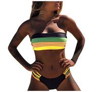 Lazzboy Bademode Damen Badebekleidung Farbige Streifen Bikini Set Push-up Gepolsterten BH Bad Strandbekleidung High Cut Bandeau Trägerlos(Gelb,S)
