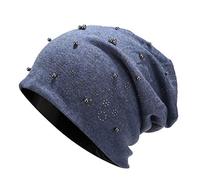 Lazzboy Beanie Mütze Frauen Stretch Kopfbedeckungen Reine Farbe Perlen Perlenkopf Schal Wrap Hut Kappe Gefütterte Feinstrick(Blau)