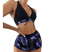 Lazzboy Bikini Damen High Waist Badeanzug Für Mit Tropischem Print Und Badeshorts Split Push-up Bademode Zweiteiliger Neckholder V-Ausschnitt Schwimmanzug Schultergurt Verstellbarer (Lila,M)