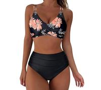 Lazzboy Bikini Damen Set High Waist Push Up V-Ausschnitt Badeanzug Bauchweg Bademode Swimsuit Zweiteiliger Strandbikini Wickel Badebekleidung Strandmode (Schwarz,XL)