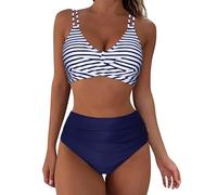 Lazzboy Bikini Damen Set High Waist Push Up V-Ausschnitt Badeanzug Bauchweg Bademode Swimsuit Zweiteiliger Strandbikini Wickel Badebekleidung Strandmode (Blau,XL)