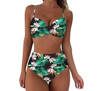 Lazzboy Bikini Damen Set Push Up High Waist Bauchweg Blumendruck V-Ausschnitt Klassisch Cross Badeanzüge Bademode Zweiteiliger Badeanzug Schwimmanzug Swimsuit (Grün,XXL)