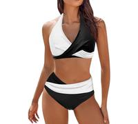 Lazzboy Bikini Damen Set Push Up High Waist Zweiteiliger Badeanzug V Ausschnitt Überkreuztes Streifen Spleißen Bademode Bauchkontrolle Swimsuit Strandbikini Triangel Breites (Weiß,XL)