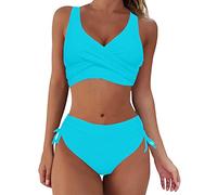 Lazzboy Bikini Damen Set Push Up Wickeloptik Bademode V Ausschnitt Einfarbig Zweiteiliger Badeanzug Swimsuit Cross Back Badeanzüge Twist Front Kordelzug Side Sets (Blau,XXL)