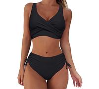 Lazzboy Bikini Damen Set Push Up Wickeloptik Bademode V Ausschnitt Einfarbig Zweiteiliger Badeanzug Swimsuit Cross Back Badeanzüge Twist Front Kordelzug Side Sets (Schwarz,S)