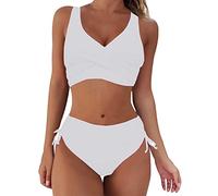 Lazzboy Bikini Damen Set Push Up Wickeloptik Bademode V Ausschnitt Einfarbig Zweiteiliger Badeanzug Swimsuit Cross Back Badeanzüge Twist Front Kordelzug Side Sets (Weiß,S)