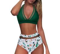 Lazzboy Bikini Damen Set Push Up Zweiteiliger Badeanzug V-Ausschnitt Überkreuztes Mesh Blumenmuster Bikini Bauchkontrolle Strandbikini Triangel Breites Bademode (Armeegrün,L)