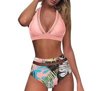 Lazzboy Bikini Damen Set Push Up Zweiteiliger Badeanzug V-Ausschnitt Überkreuztes Mesh Blumenmuster Bikini Bauchkontrolle Strandbikini Triangel Breites Bademode (Gelb,S)