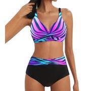 Lazzboy Bikini Damen Set Push Up Zweiteiliger Badeanzug V-Ausschnitt Überkreuztes Streifen Bademode Bauchkontrolle Sets Crossover Bikinioberteil Ruched Bauchweg Große Größen (Lila,S)